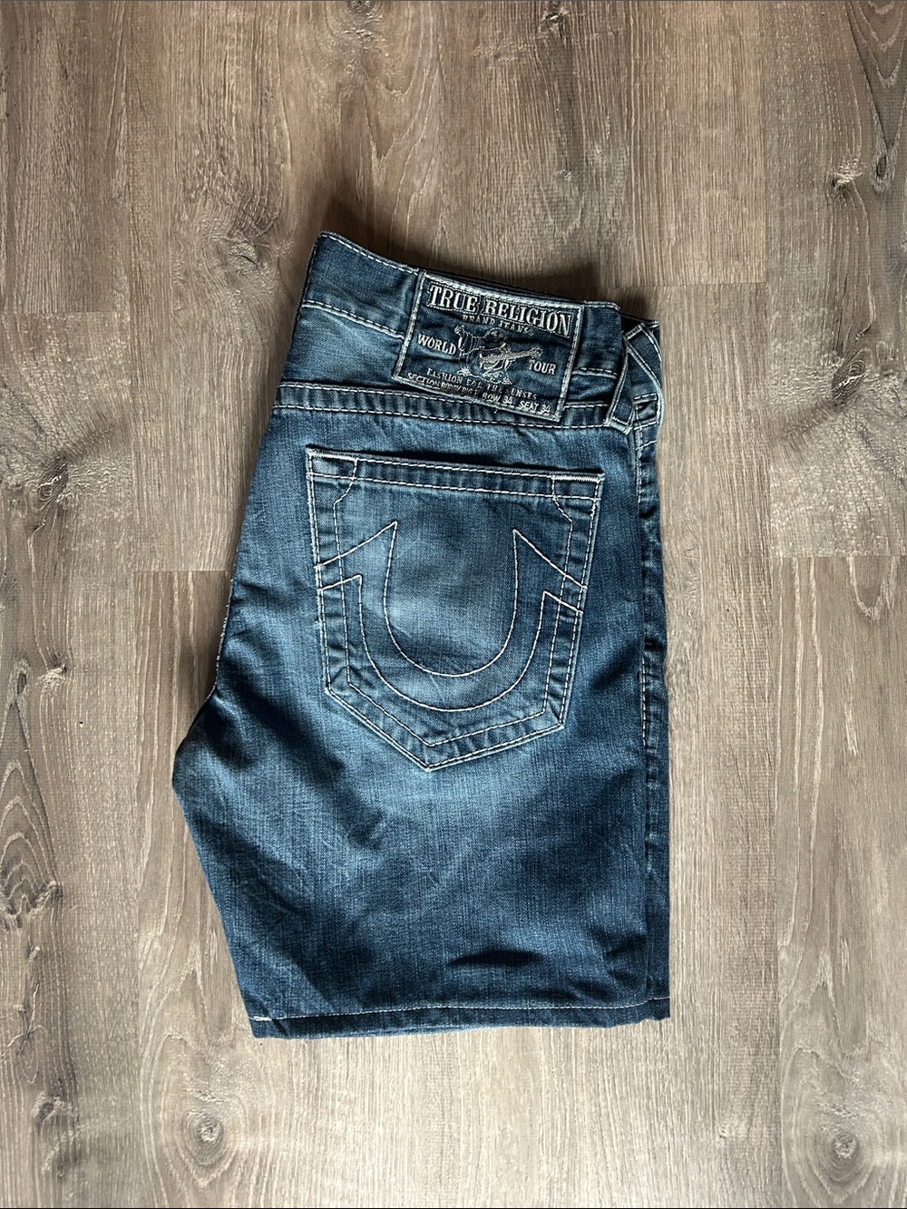 True Religion Men's Dark Blue Denim Jean Shorts with Signature Stitching